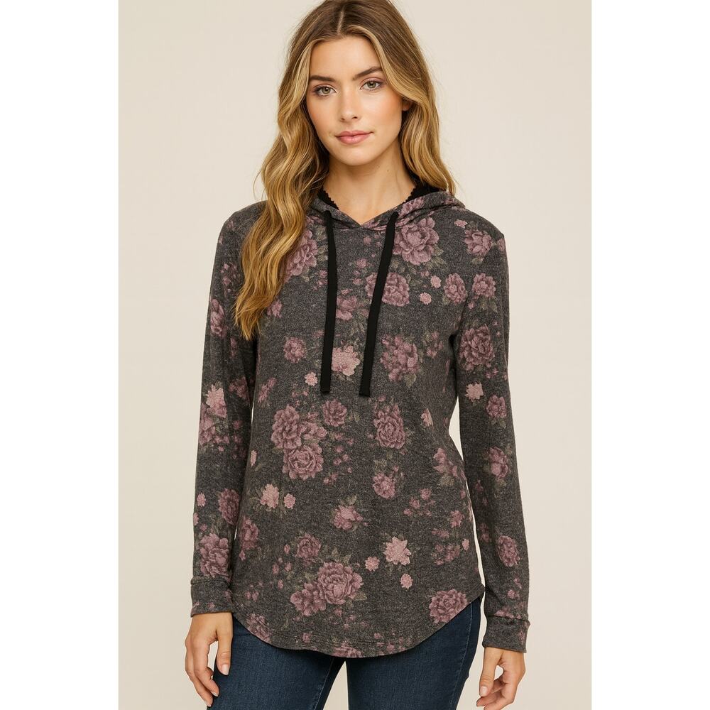 Ultra Flirt Large Gray Lightweight Sherpa Lined Hoodie Pink Floral Tunic To, L